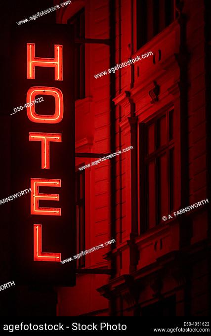 Copenhagen, Denmark A red hotel sign in neon