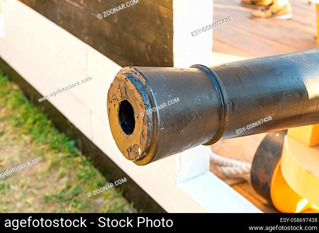 black barrel cannon, part of the fort's defensive weapons close up