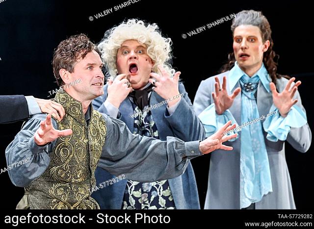 RUSSIA, MOSCOW - MARCH 6, 2023: Actors Viktor Dobronravov (L) as Mozart and Yevgeny Kosyrev as van Swieten perform during a preview of Amadeus staged by Anatoly...