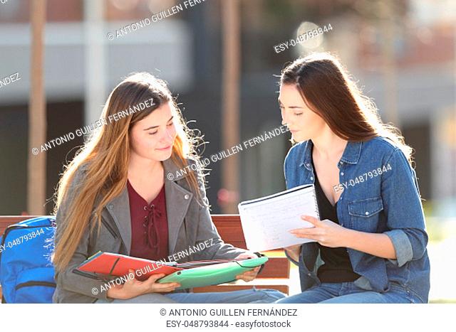 Two serious students studying comparing notes sitting in a bench in a park