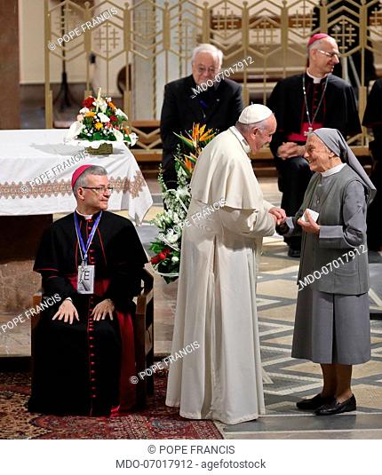 Pope Francis visits the priests, religious, consecrated people and the Ecumenical Council of Churches in St. Peter's Cathedral
