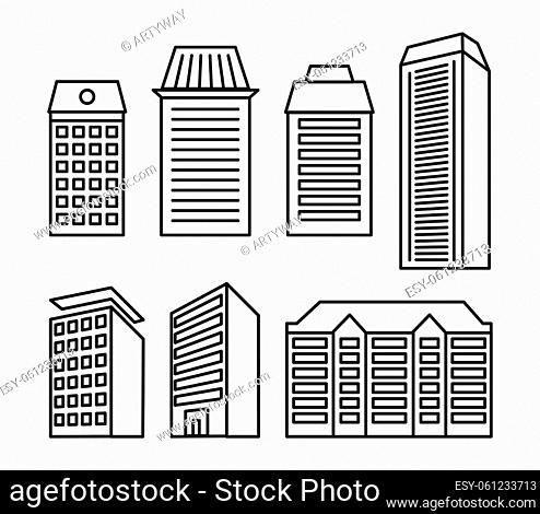 Isolated black and white color blocks of flats and low-rise houses in lineart style icons collection, elements of urban architectural buildings vector...