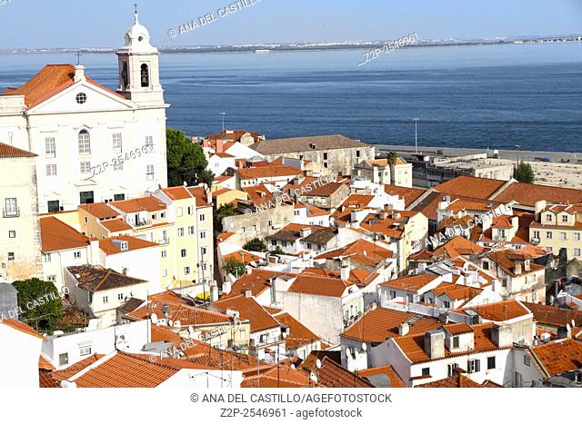 Panoramic of Alfama rooftops, one of the most popular neighborhoods of Lisbon, Portugal