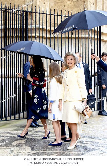 Queen Letizia, Queen Sofia, Princess Leonor and Princess Sofia of Spain arrive at the La Seu Cathedral in Palma de Mallorca, on April 21, 2019