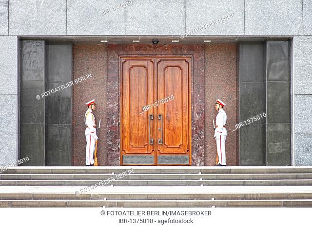 Two Vietnamese soldiers at the entrance of the Ho Chi Minh Mausoleum in Hanoi, Vietnam, Southeast Asia
