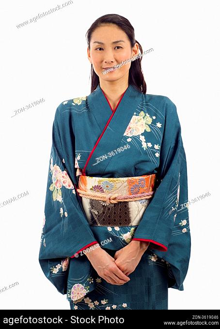 Pretty Japanese kimono woman isolated over white background
