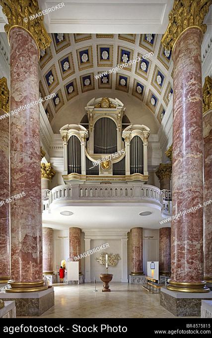 Baptismal font, barrel vault on columns, organ on organ gallery, St. Elisabeth's parish church, completed in 1903, classicism, Jacobsplatz, Sebald old town