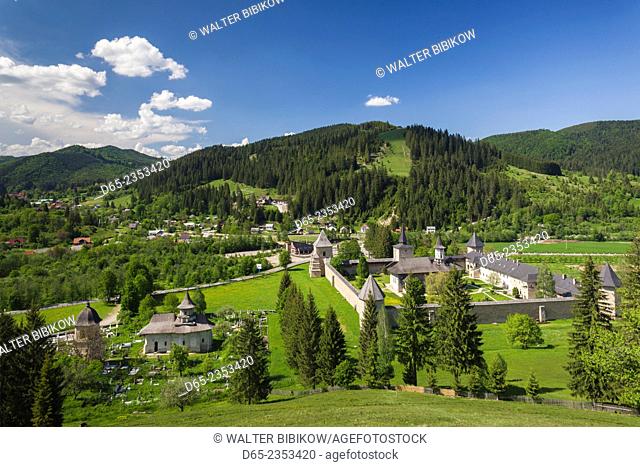 Romania, Bucovina Region, Bucovina Monasteries, Sucevita, Sucevita Monastery, 16th century, exterior elevated view