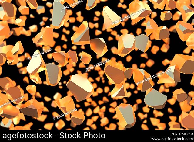 Abstract 3d rendering of geometric shapes. Computer generated minimalistic background with broken chunks of gold. Modern design for poster, cover, branding