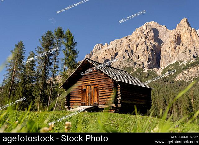 Log cabin in front of rock mountain, Dolomites, Italy