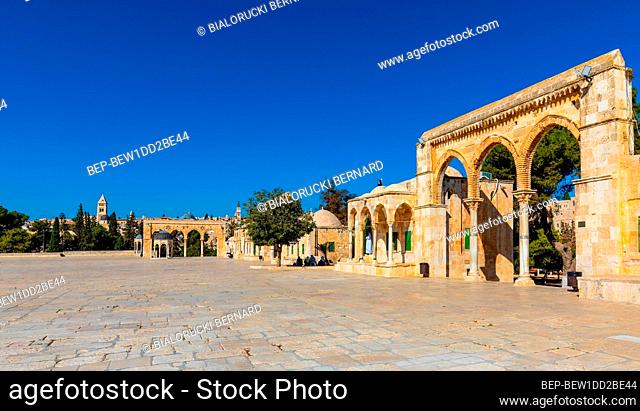 Jerusalem, Israel - October 12, 2017: Temple Mount with gateway arches leading to Dome of the Rock Islamic monument shrine in Jerusalem Old City