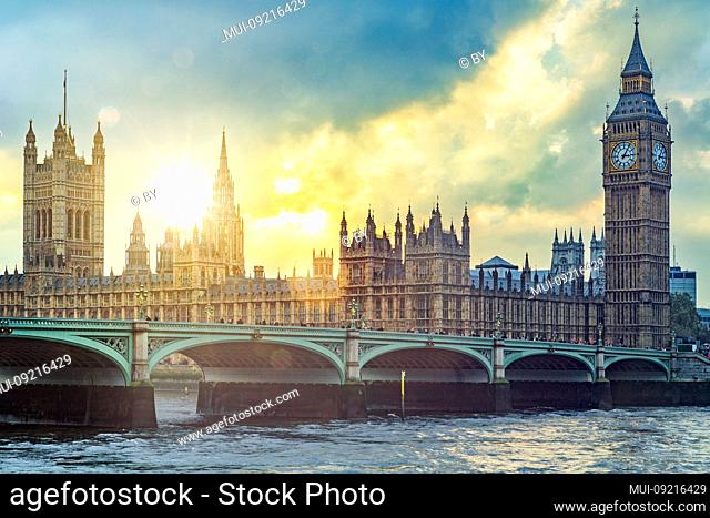 Big Ben and Westminster Palace in London in the back light