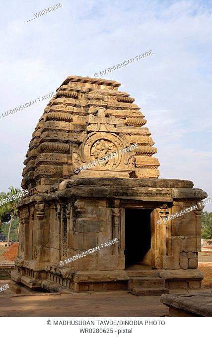 Jambulinga Temple tower curving ribs decorated horseshoe shaped large panel of Shiva dancing with Nandi and Parvati , Pattadakal , Chalukya , District Bagalkot