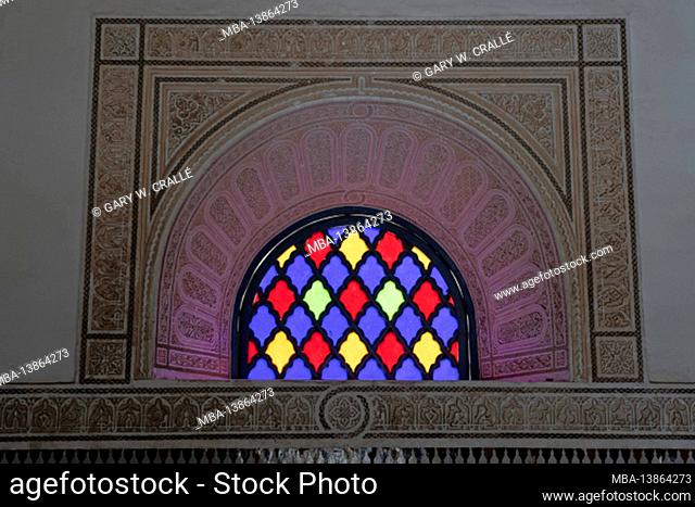 Marrakech, Bahia Palace, coloured glass window and decorative alabaster, detailed, Morocco, North Africa