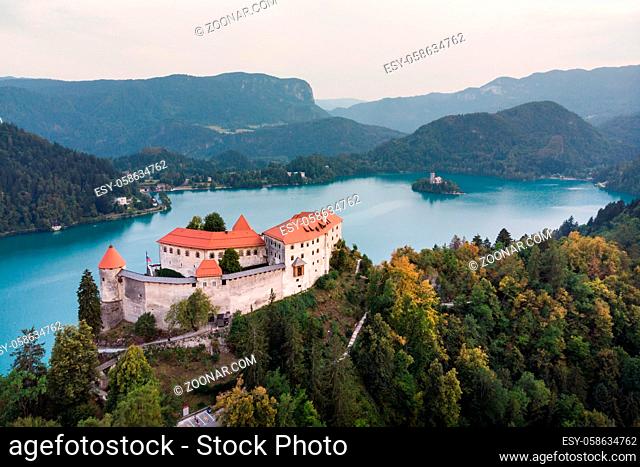 Aerial view of medieval castle by the lake Bled in Slovenia. Beautiful nature of Slovenia