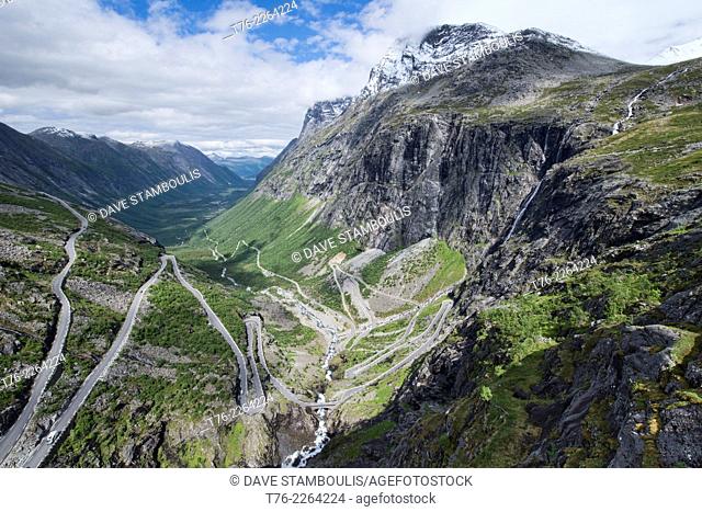 The winding Trollstigen National Tourist Route over the mountains in Norway
