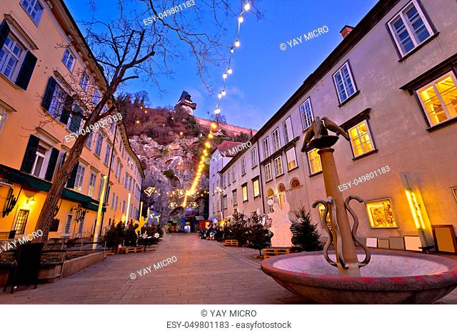 Graz city center christmas fair evening view, Styria region of Austria