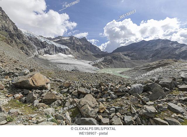 Glacial lake and Fellaria Glacier seen from path Sentiero Glaciologico Luigi Marson, Malenco Valley, Valtellina, Lombardy, Italy