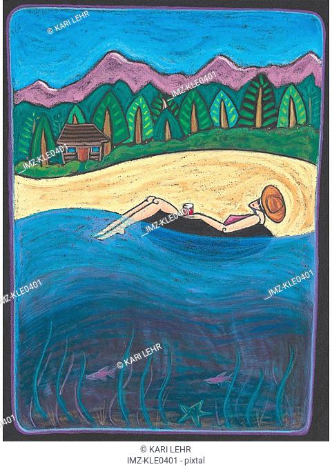 A woman relaxing on an inner tube on the water with a log cabin in the background