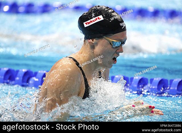 Belgian Florine Gaspard pictured in action during the women's 100m breaststroke at the swimming world championships in Budapest, Hungary, Sunday 19 June 2022
