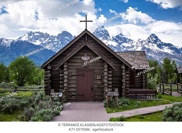 The Church of the Transfiguration Chapel and mountains in the Grand Teton National Park, Wyoming, USA