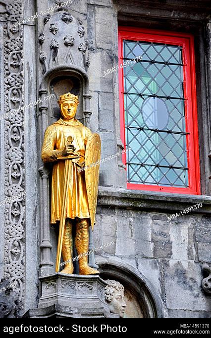 Basilica of the Holy Blood, facade with golden statue, Bruges, West Flanders, Flanders, Belgium