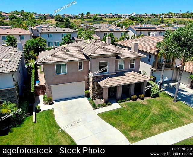 Aerial view of big villa in a suburban neighborhood in San Diego, California, USA. Aerial view of residential modern subdivision luxury house
