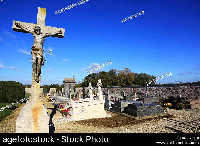 Jesus Christ on the cross. Graveyard. Coulommes. Seine et Marne. France. Europe