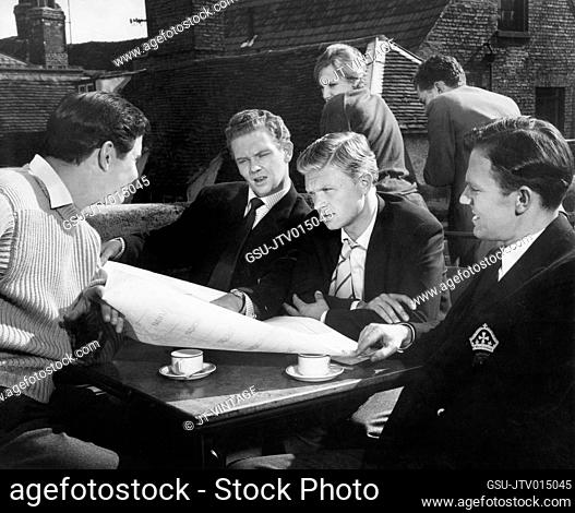 Ronald Lewis, Peter Myers, Hardy Kruger, Jeremy Burnham, on-set of the British Film, Bachelor of Hearts, photo by Albert Clarke, Rank Film Distributors, 1958
