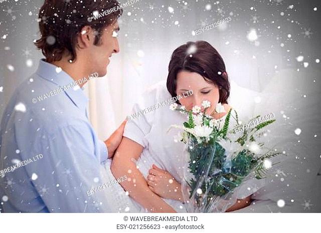 Composite image of man brought flowers to his girlfriend in the hospital