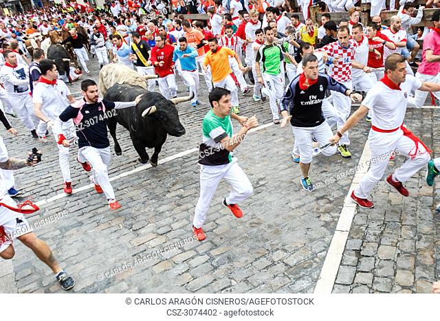 PAMPLONA, SPAIN - JULY 11, 2017: Bulls and people running on the street, encierro, during the festival of San Fermin. Bulls of the cattle ranch of Jandilla in...