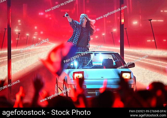 FILED - 13 May 2023, Great Britain, Liverpool: Frontman Daniel ""Nephil"" Estrin of the band Voyager from Australia will perform the song ""Promise"" at the...