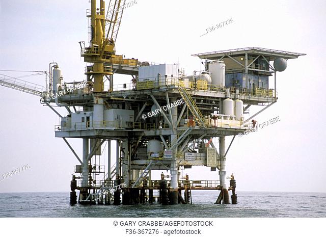 Offshore coastal Oil drilling platform rig in the Santa Barbara Channel, California. USA