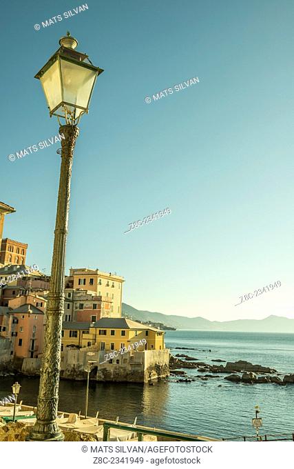 Boccadasse and a street lamp in a sunny day on the seacoast in Liguria, Italy