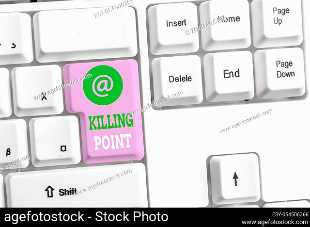 Text sign showing Killing Point. Business photo text Phase End Review Stage Gate Project Evaluation No Go White pc keyboard with empty note paper above white...