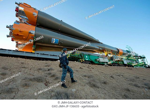 The Soyuz TMA-10M spacecraft is rolled out to the launch pad by train on Sept. 23, 2013, at the Baikonur Cosmodrome in Kazakhstan