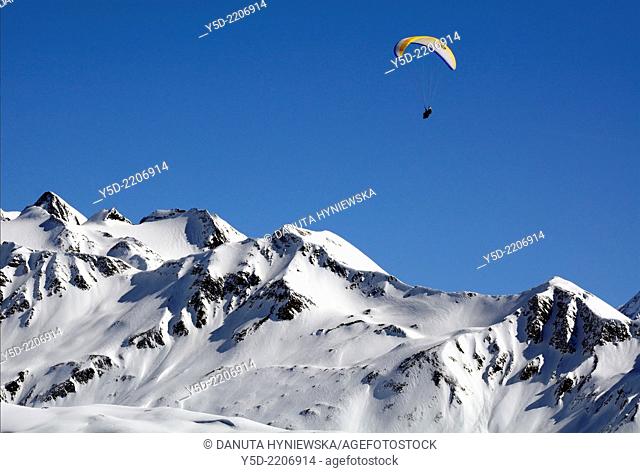 Paragliding over Swiss Alps, Bernese Alps, Fiescheralp, canton Valais, Switzerland
