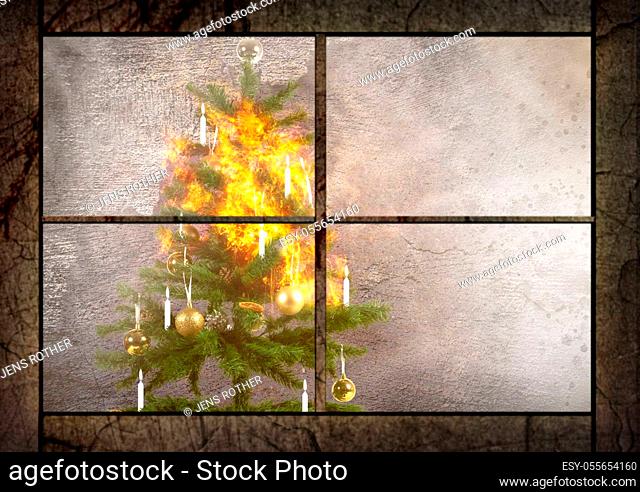 a christmas tree is burning because of the candles look through a window