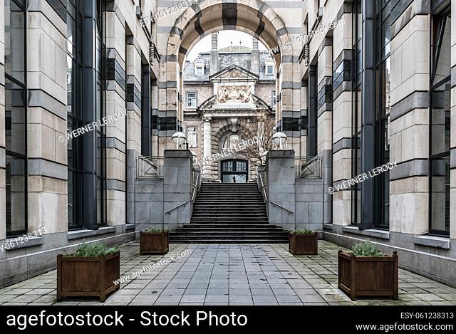 Brussels Old Town, Brussels Capital Region - Belgium - 12 20 2019- Pedestrian alley and stairs called Vierheemskinderenstraat - Rue des Quatre Fils Aymon