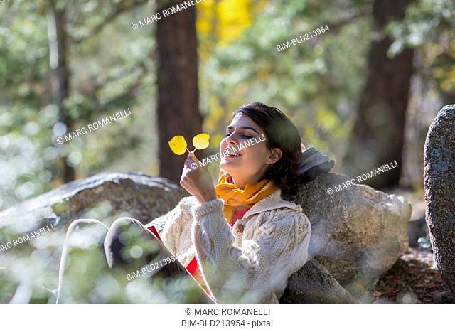 Mixed race woman admiring autumn leaves in forest