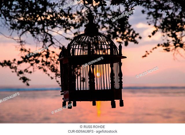 Silhouetted empty birdcage hanging from tree at sunset, Gili Trawangan, Lombok, Indonesia