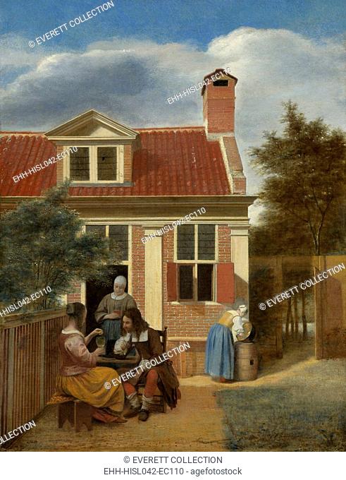 Figures in a Courtyard Behind a House, by Pieter de Hooch, 1663-65, Dutch painting, oil on canvas. Courtship scene with couple at table in a backyard