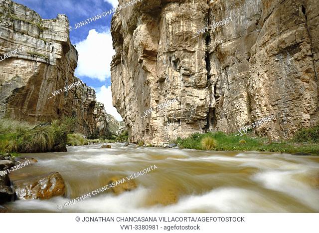 Landscape view of the imposing Shucto canyon (twisted) is a geological formation of rock modeled by the erosion of water over millions of years found in...