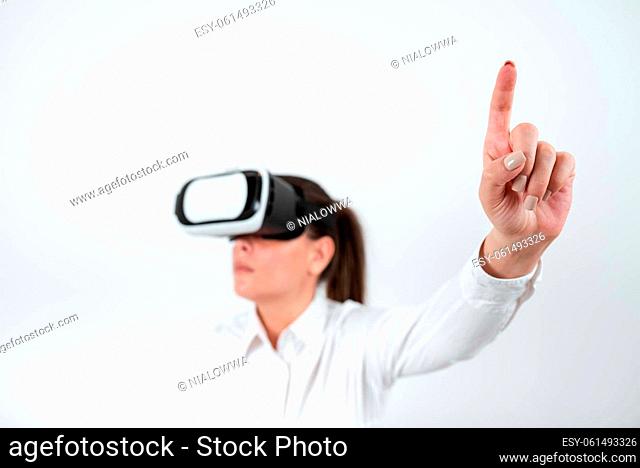 Woman Wearing Vr Glasses And Pointing On Important Message With One Finger