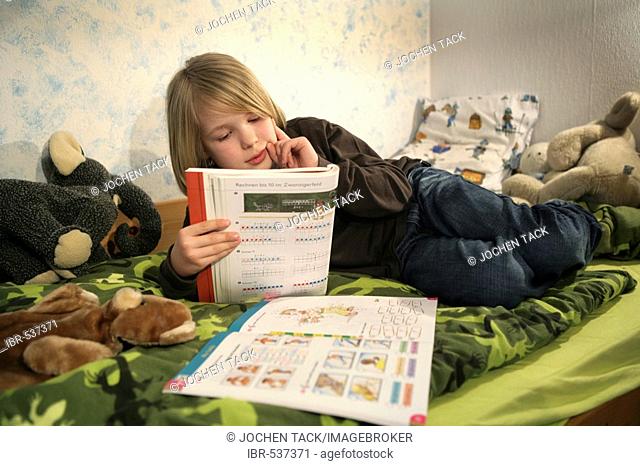 DEU, Germany: Young boy, student is learning for school, at home, Maths studies