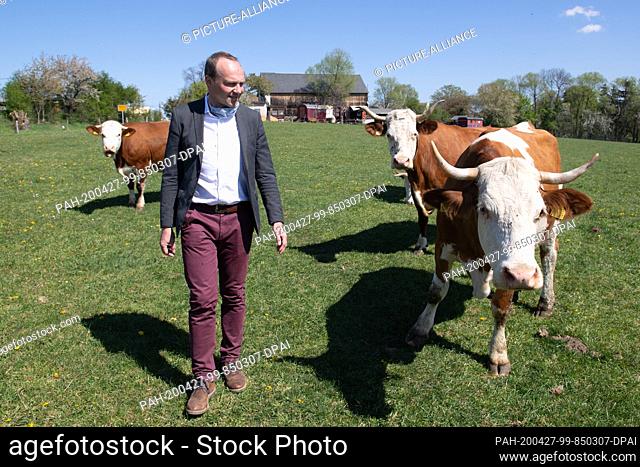 27 April 2020, Saxony, Nossen: Wolfram Günther (Bündnis90/Die Grünen), Minister of the Environment of Saxony, is standing on a pasture in front of the...