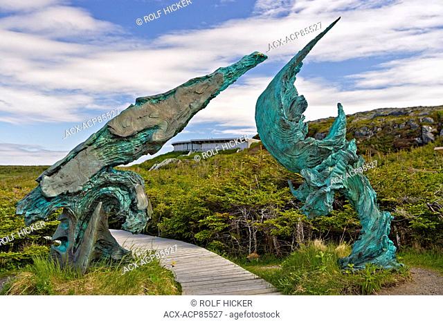 Bronze sculpture titled 'Meeting of two worlds' unveiled on July 5, 2002 at L'Anse aux Meadows, Newfoundland Labrador, Canada