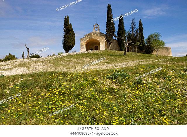 St-Sixte, France, Provence, chapel, trees, cypresses, flowers, spring