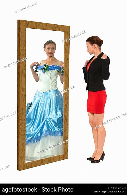 Woman in a business suit seeing herself as a princess in a mirror