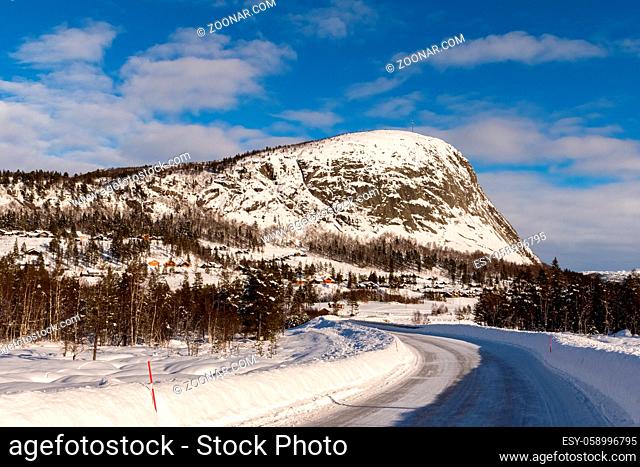 Mountain road in winter, snow at Loefjell mountain in Setesdal, Norway